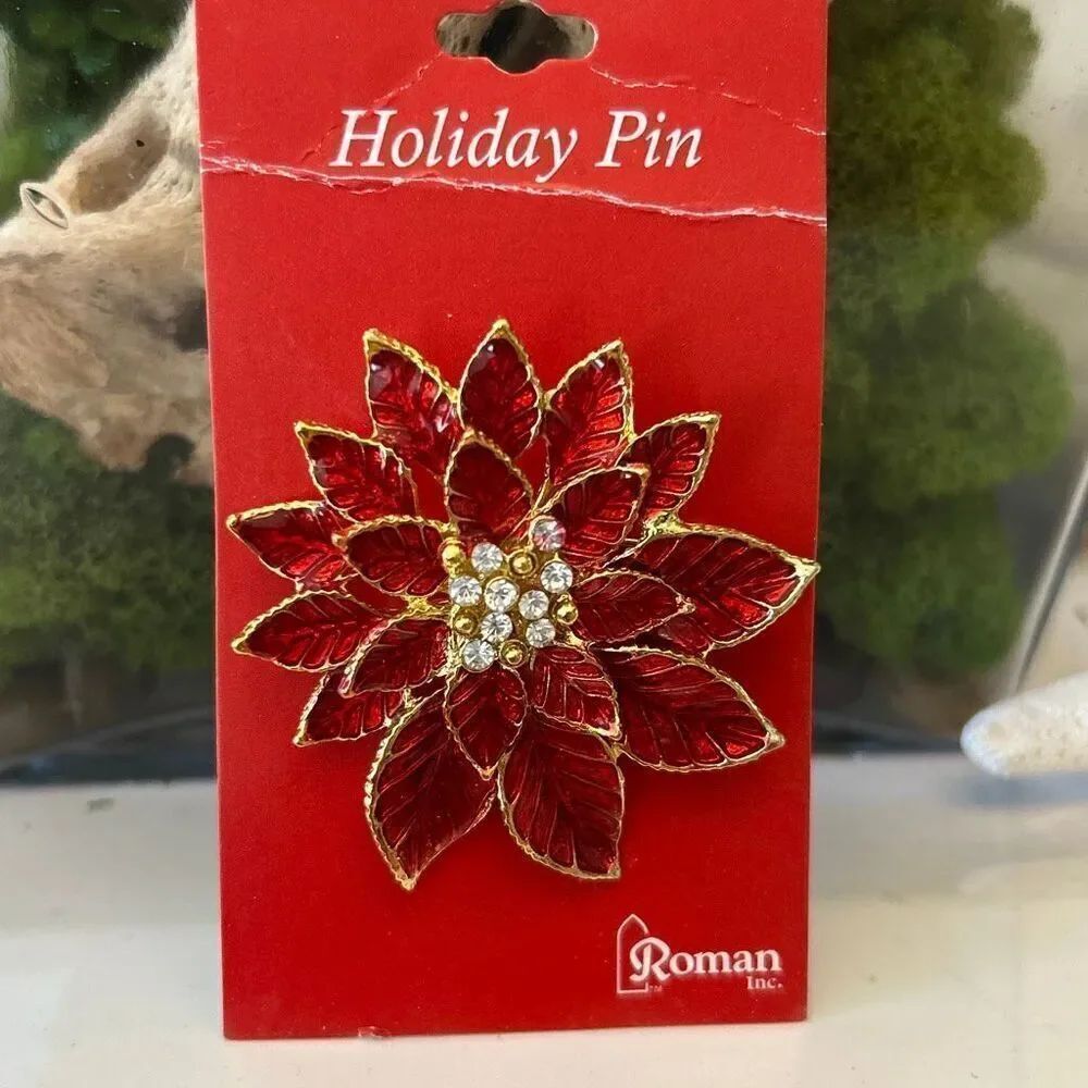 NWT Roman red enamel poinsettia Christmas pin brooch